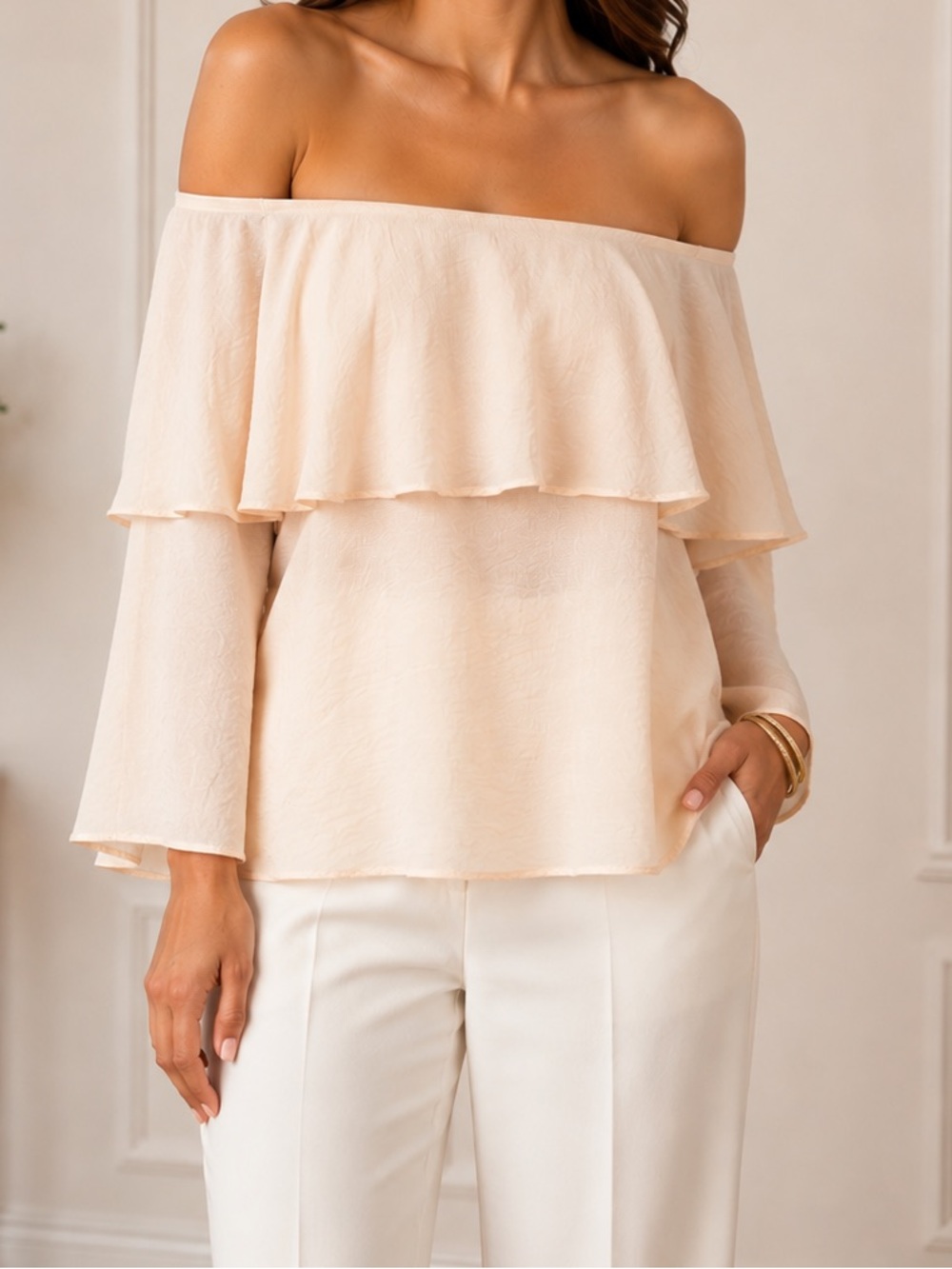 Off-Shoulder Ruffle Romantic Blouse in Soft Peach/Apricot